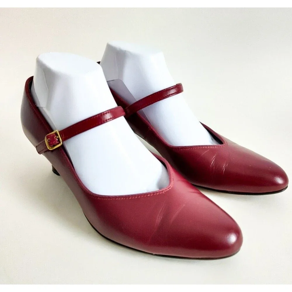 Vintage East Fifth Pointed Toe Kitten Heel Mary Janes Red Leather Womens 8.5